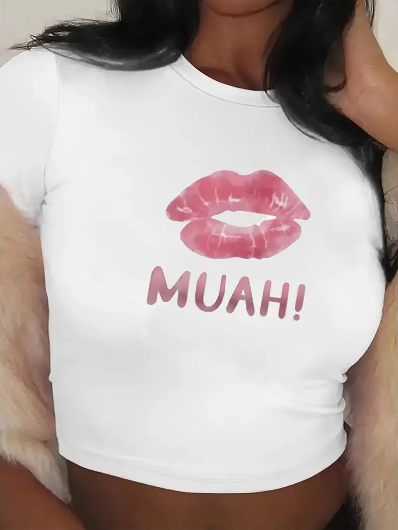 Women's Y2K-Inspired "MUAH!" Lip Graphic Crop Top T-Shirt - Stretchy Polyester Blend, Short Sleeve, Round Neck, Non-See-Through - Perfect for Spring/Summer/Fall, Graphic Tshirt|Playful Design|Stretchy Fabric Top